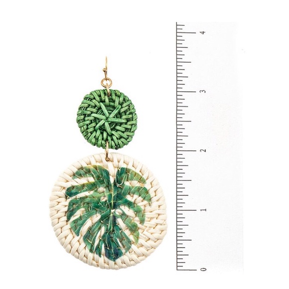 Green Monstera Leaf Accent Woven Straw Earrings - Picture 2 of 2